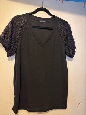 Black V-Neck Top with Lace Short Sleeves